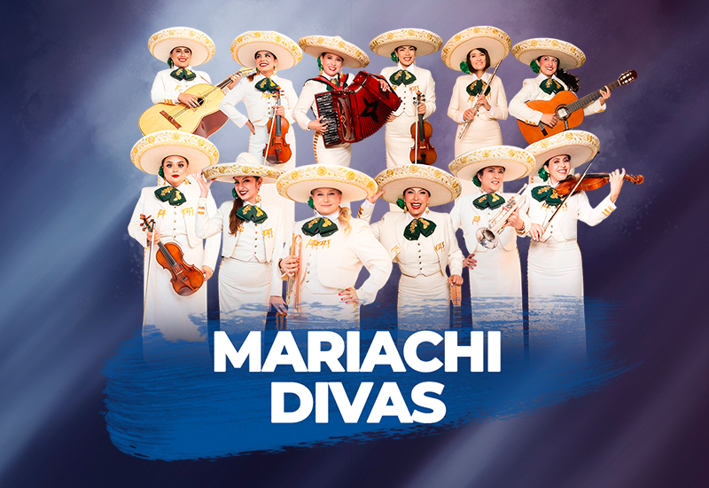 Nine Mariachi Divas in white outfits and sombreros, holding violins, guitars, and an accordion, on a poster-style image.