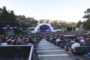 Outdoor amphitheater filled with a large crowd watching a live stage performance with purple lighting.